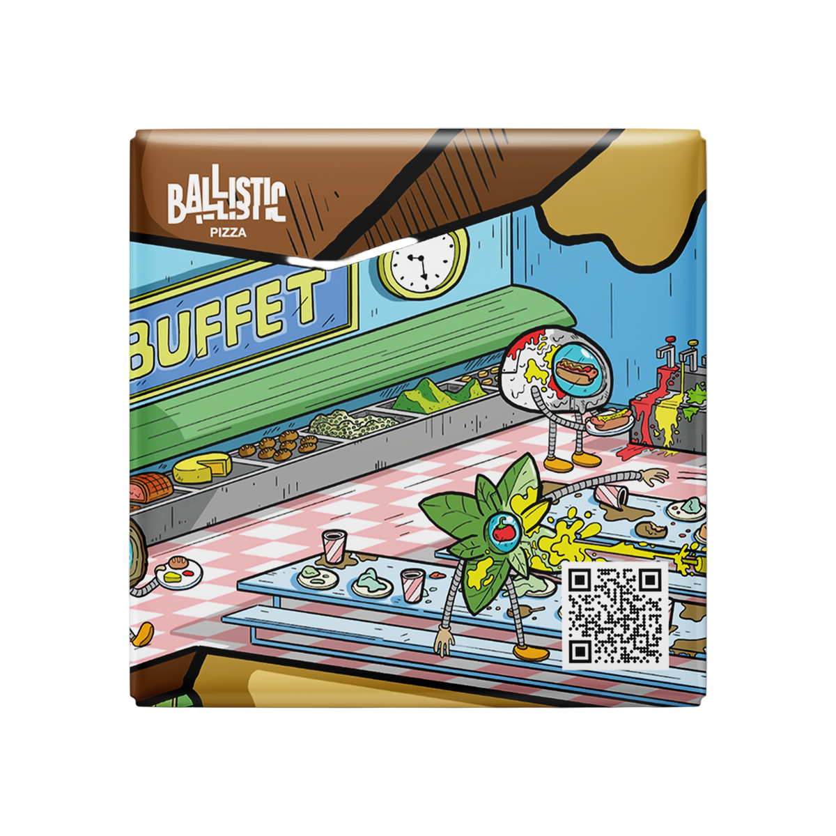 Cartoon depiction of a pizza buffet with 'Ballistic Pizza' branding, featuring a QR code.