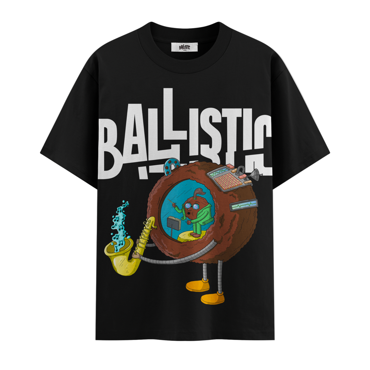 Black t-shirt with a cartoon character and 'BALLISTIC' text on a white background