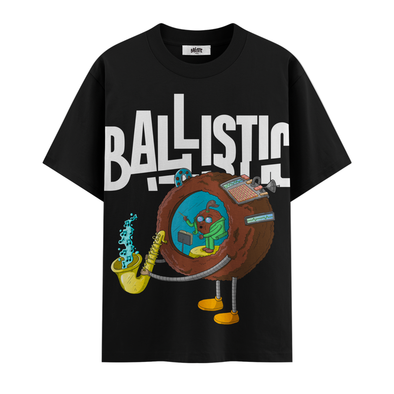 Black t-shirt with a cartoon character and 'BALLISTIC' text on a white background